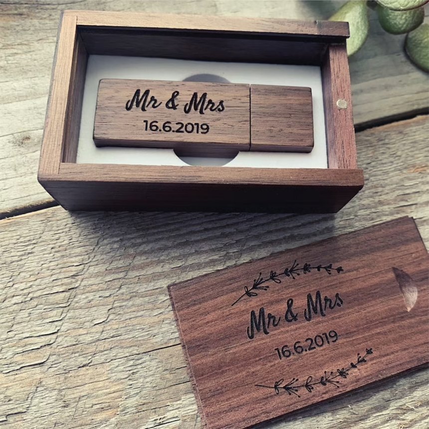 Pendrive USB Personalizado de Madera con Caja Nogal Arce Aniversario de Boda Fotografía Logotipo Regalo 8GB 16GB 32GB 64GB