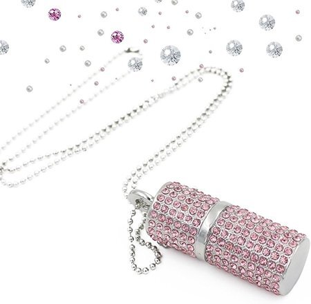 128GB USB 3.0 Flash Drive,Bling Rhinestone Diamond Crystal Glitter Lipstick Case Shining Jewelry with Necklace,Pink
