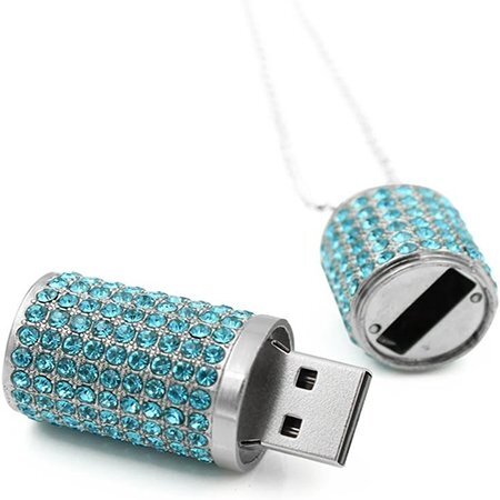 128GB USB 3.0 Flash Drive,Bling Rhinestone Diamond Crystal Glitter Lipstick Case Shining Jewelry with Necklace,Lake Blue