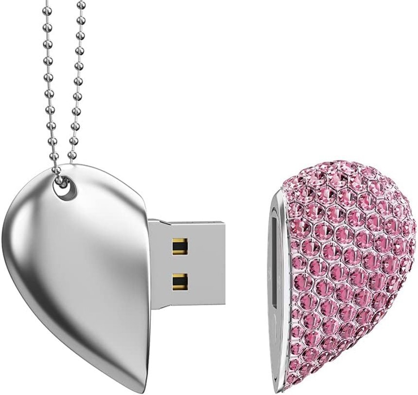 Heart Shape USB 2.0 Flash Drive Crystal Memory Stick Thumb Drive Pen Drive Jump Drive Jewelry Pendant Necklace with Key Chain-Pink
