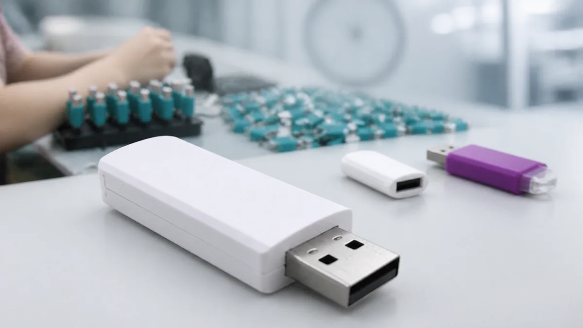 Custom USB flash drive production with a white USB drive in the foreground and factory assembly in the background