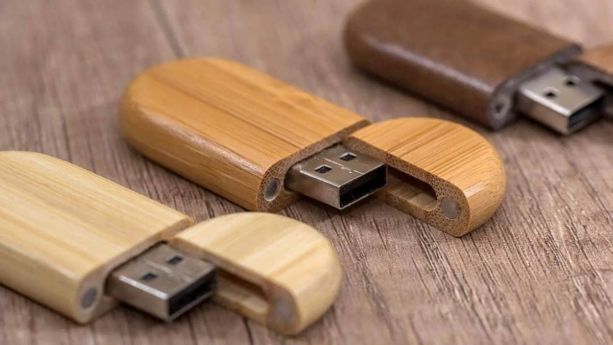 Custom USB flash drive production time illustrated with neutral wooden USB drives