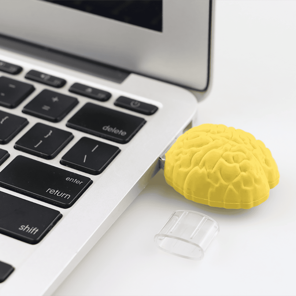Brain USB flash drive detail view 1 - anatomically detailed brain with cerebral cortex folds and hemisphere split - YOUSAN custom USB drive
