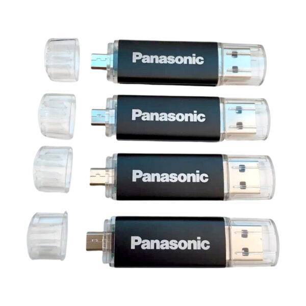 Aluminum OTG USB flash drive detail view 2 - aluminum case OTG USB drive with USB-C and USB-A dual connector, Panasonic laser logo - YOUSAN custom USB drive