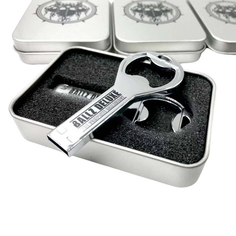 Custom bottle opener USB flash drive - metal bottle opener with hidden USB drive and BALLZ DELUXE laser logo - B2B case study by YOUSAN USB manufacturer