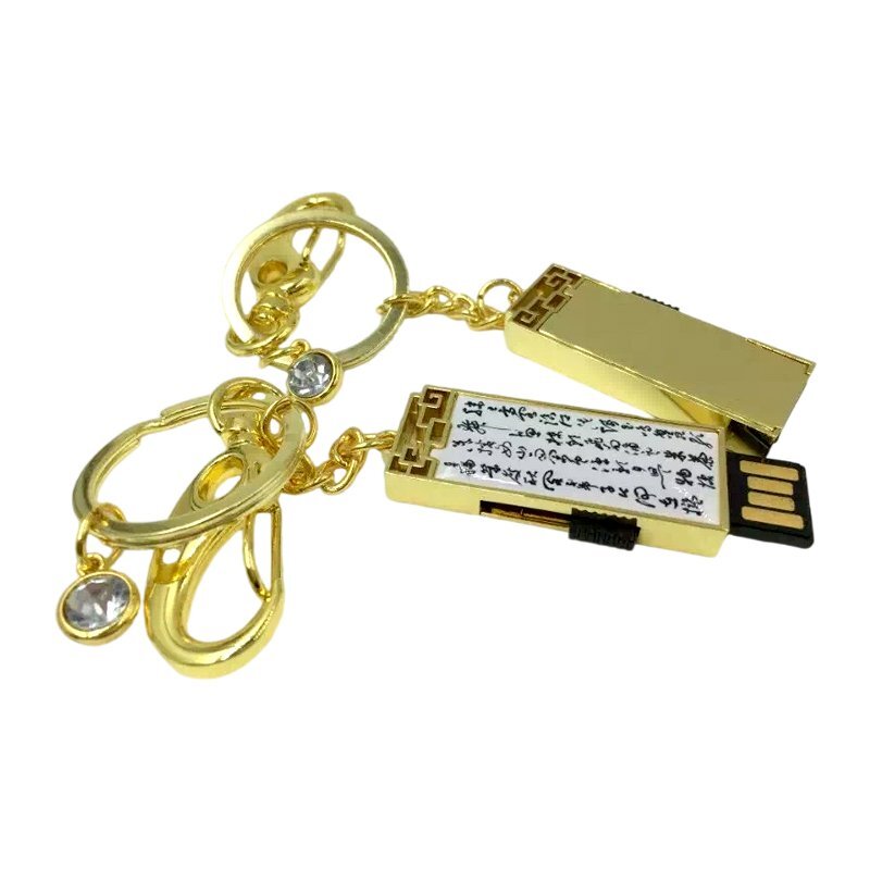 Push-Pull Metal USB flash drive detail view 2 - gold metal push-pull USB drive with slider mechanism and Event Planner logo - YOUSAN custom USB drive
