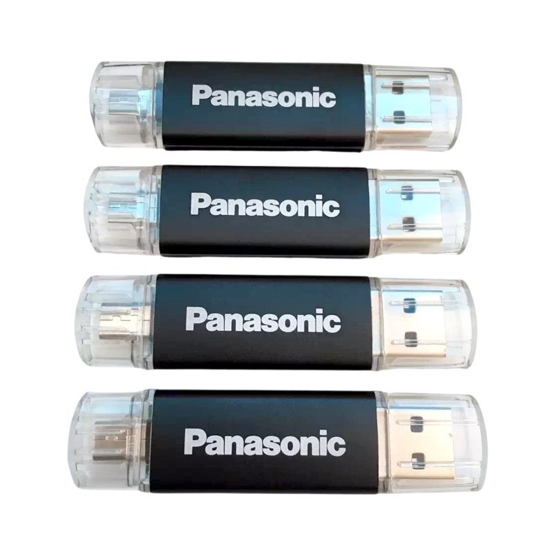 Aluminum OTG USB flash drive detail view 1 - aluminum case OTG USB drive with USB-C and USB-A dual connector, Panasonic laser logo - YOUSAN custom USB drive