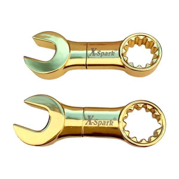 Wrench USB flash drive detail view 2 - golden wrench with open-mold design and X-spark company laser logo - YOUSAN custom USB drive