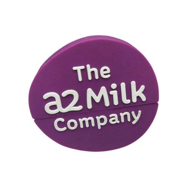 Custom round pvc USB flash drive - round PVC USB drive with a2 Milk Company logo in blue and white - B2B case study by YOUSAN USB manufacturer