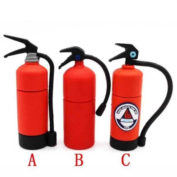 Fire Extinguisher shaped custom PVC USB flash drive with red fire extinguisher tank with black nozzle, handle and pressure gauge - promotional USB drive by YOUSAN USB manufacturer