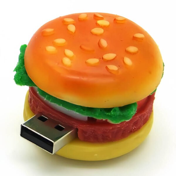 Hamburger shaped custom PVC USB flash drive with layered hamburger with bun, patty and lettuce detail - promotional USB drive by YOUSAN USB manufacturer