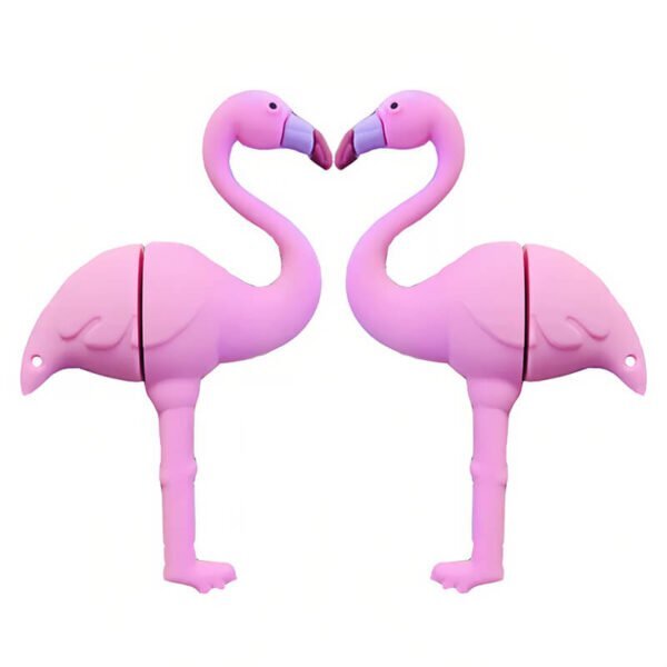 Flamingo shaped custom PVC USB flash drive with pink standing flamingo on one leg with curved neck and feather detail - promotional USB drive by YOUSAN USB manufacturer