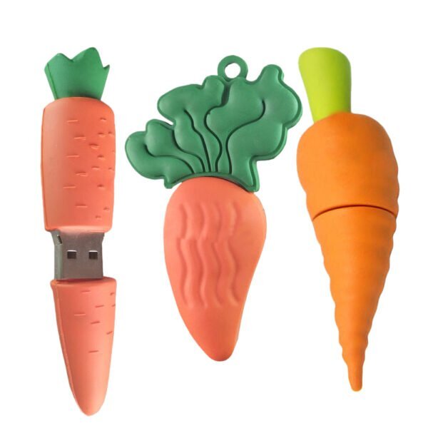 Carrot shaped custom PVC USB flash drive with orange tapered carrot body with green leafy top and surface ridges - promotional USB drive by YOUSAN USB manufacturer