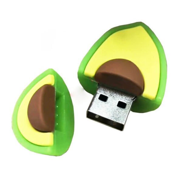 Avocado shaped custom PVC USB flash drive with green skin with lighter green flesh and brown pit, realistic cross-section design - promotional USB drive by YOUSAN USB manufacturer
