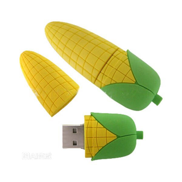 Corn USB flash drive detail view 1 - corn cob with yellow kernel rows and green husk leaves - YOUSAN custom USB drive