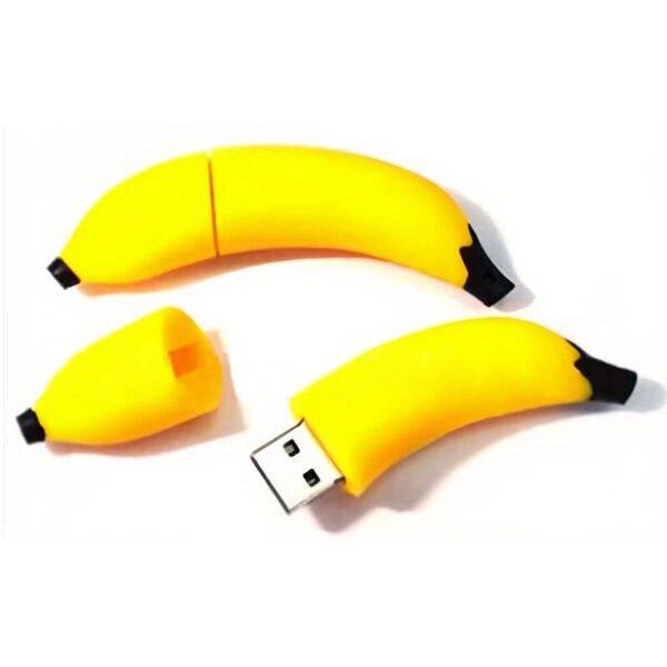Banana shaped custom PVC USB flash drive with yellow curved banana with partially peeled design showing inner fruit detail - promotional USB drive by YOUSAN USB manufacturer