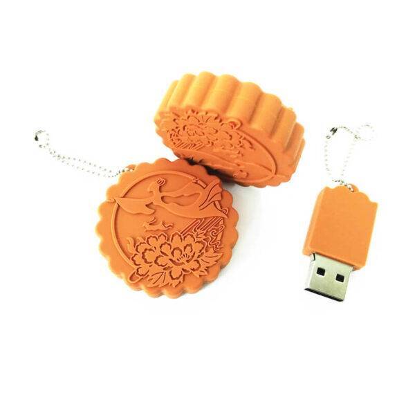 Mooncake shaped custom PVC USB flash drive with traditional mooncake with ornate pattern crust and golden brown color - promotional USB drive by YOUSAN USB manufacturer