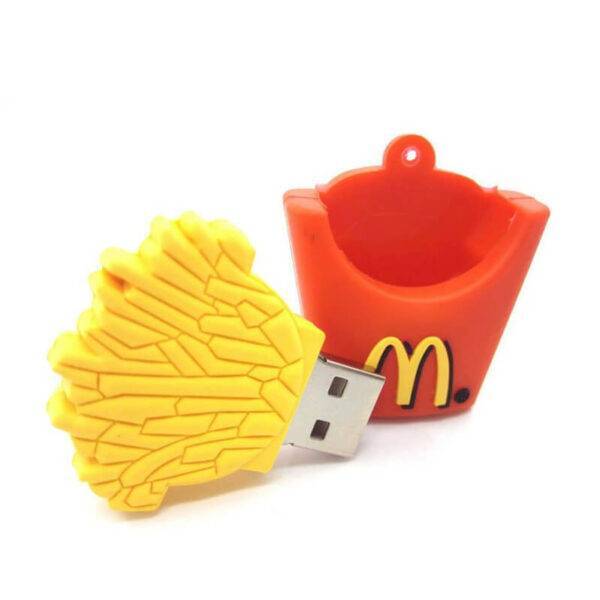French Fries shaped custom PVC USB flash drive with golden fry that pulls out of red fries box, 2-in-1 keychain - promotional USB drive by YOUSAN USB manufacturer