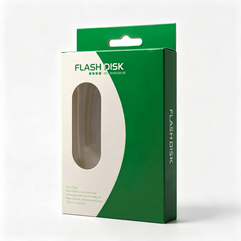 Scatola di imballaggio verde con appendino e finestra per chiavetta USB