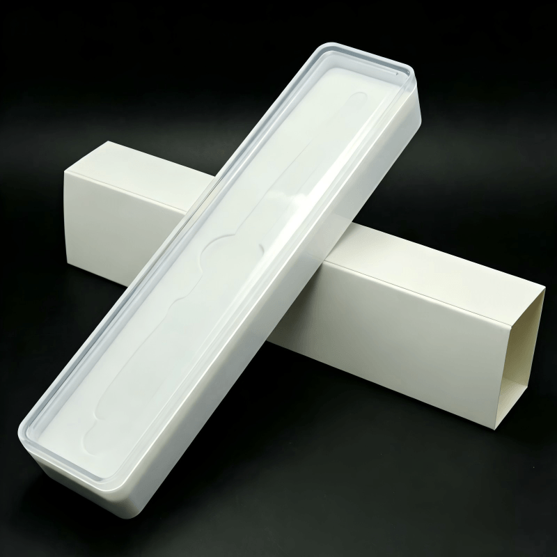 Scatola lunga in plastica trasparente con rivestimento esterno in carta bianca