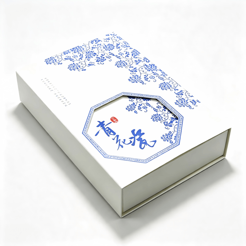 Scatola per confezione in porcellana bianca e blu con finestra ottagonale