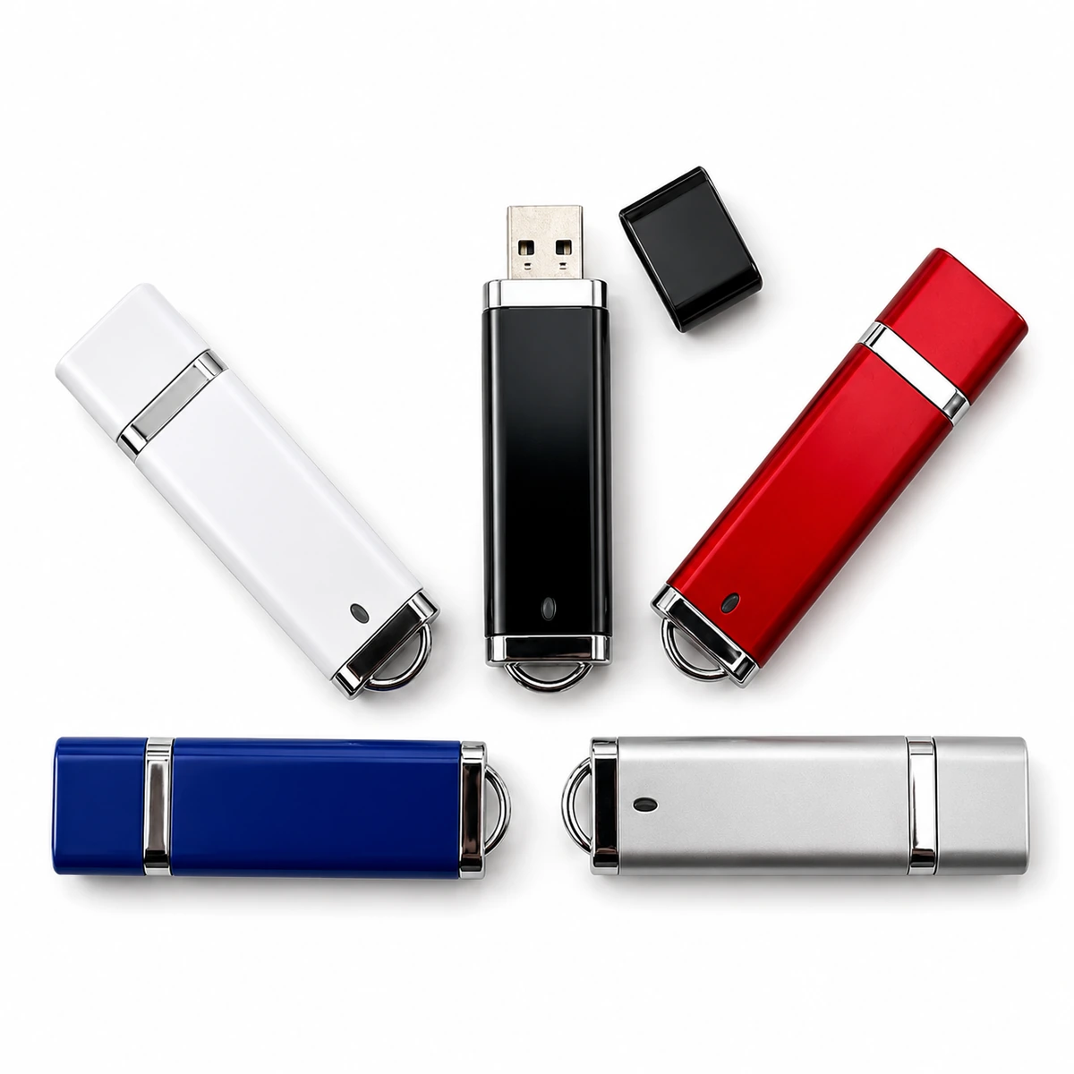 Capped USB flash drives in five colour finishes