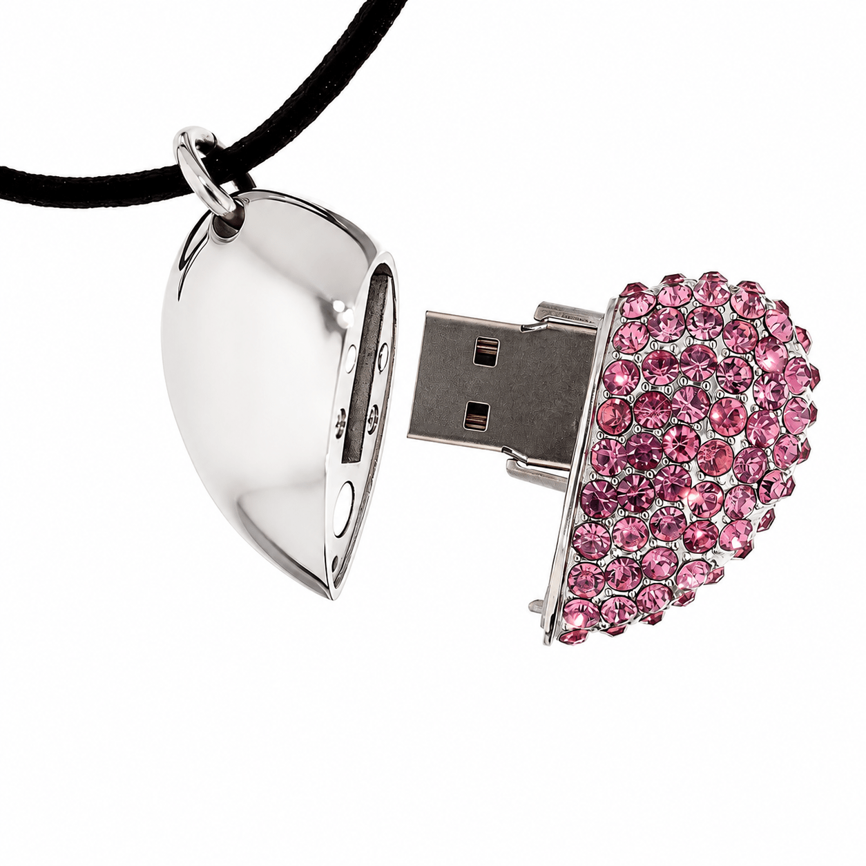 pink crystal heart USB flash drive necklace open
