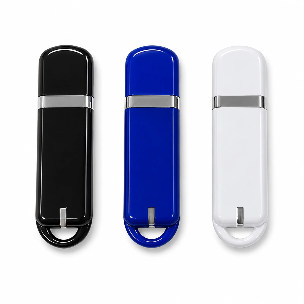 Black, blue and white capped USB flash drives