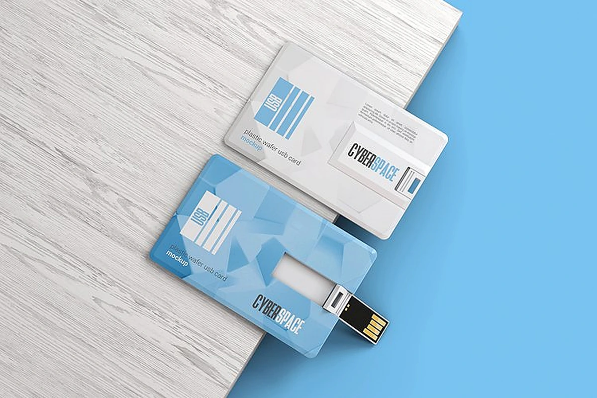 Blue and white promotional card USB drives