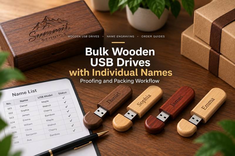 Feature image: four wooden USB drives engraved with the names Daniel, Sophia, James and Emma, alongside a printed name list spreadsheet on a wooden desk, with the article title overlaid.