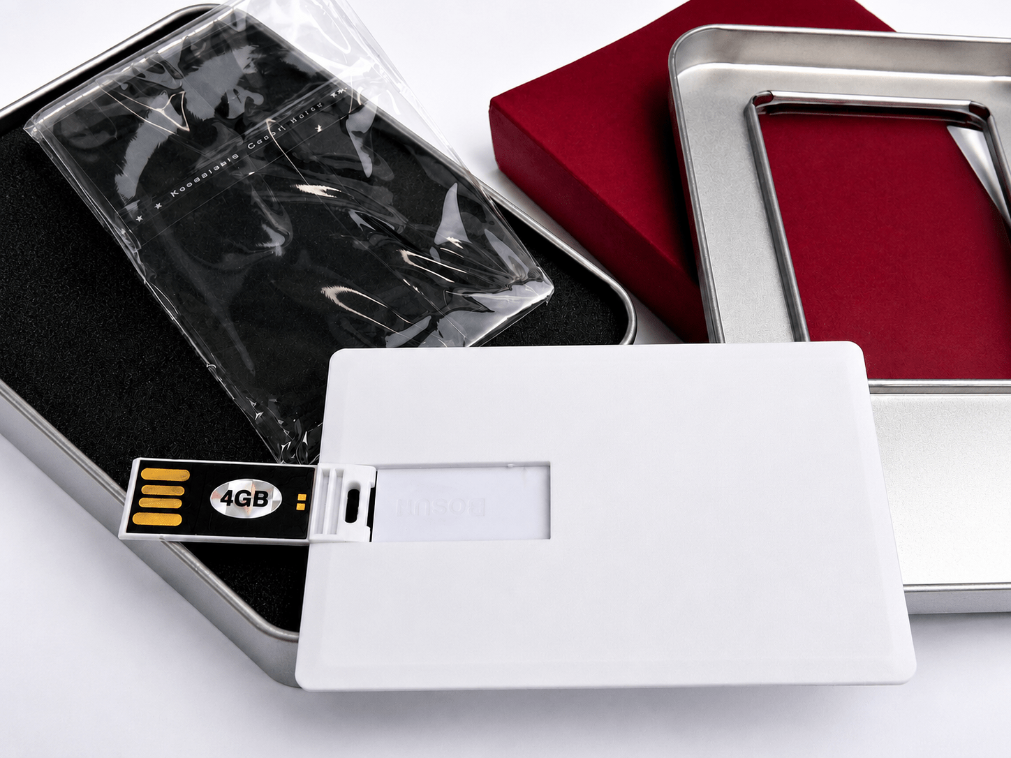 White business card USB flash drive with metal and gift box packaging