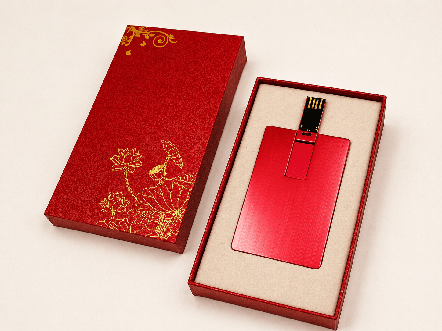 Red business card USB flash drive in a presentation box