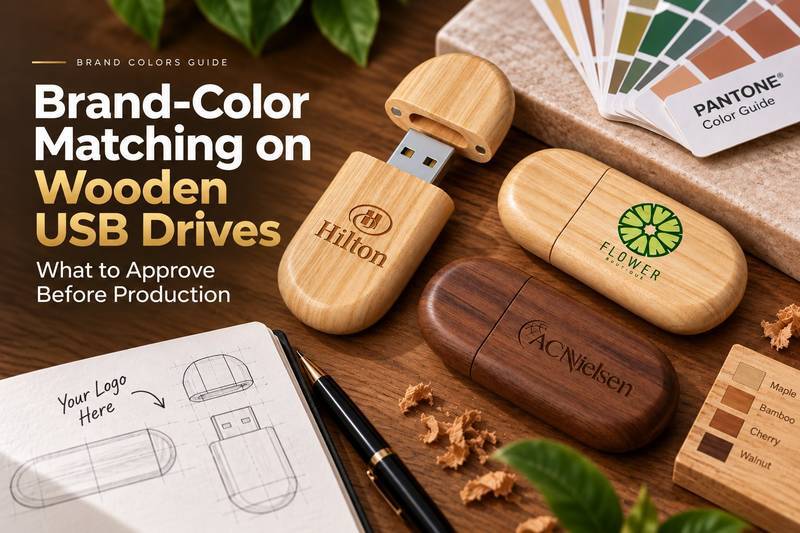Composite header showing Pantone color guide, wooden USB drives with corporate logos, and wood species samples (maple, bamboo, cherry, walnut)