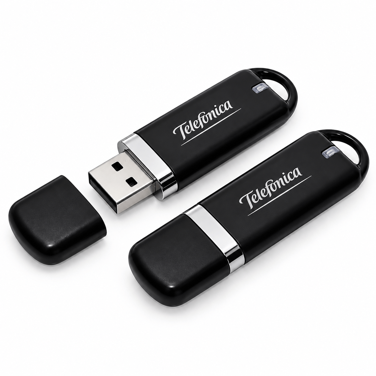 Two black capped USB flash drives with white logo branding
