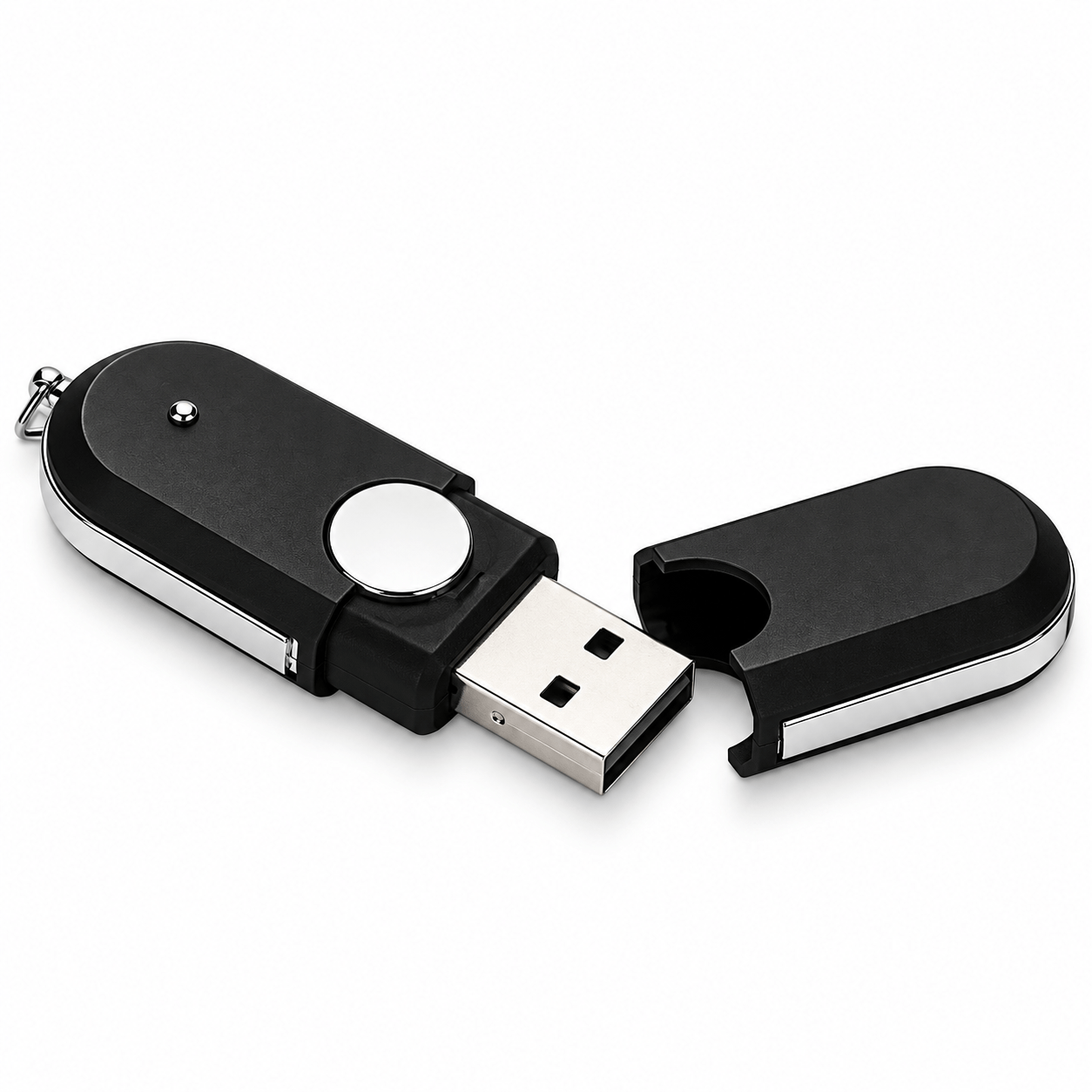 Black USB flash drive with silver trim and its protective cap removed