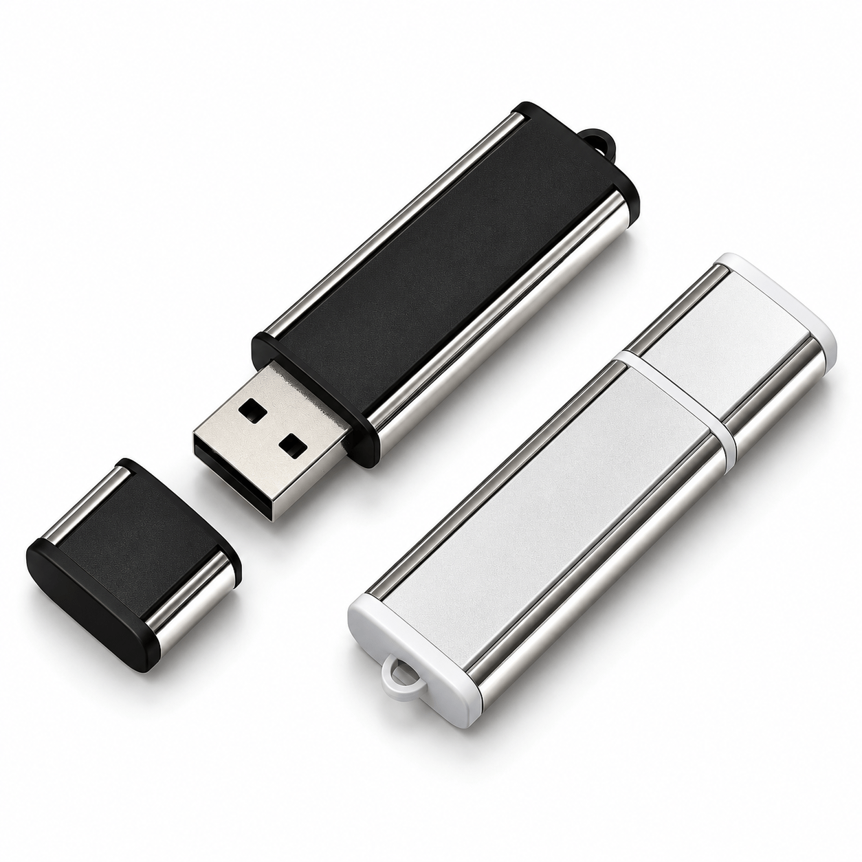 Black and silver USB flash drives with removable protective caps