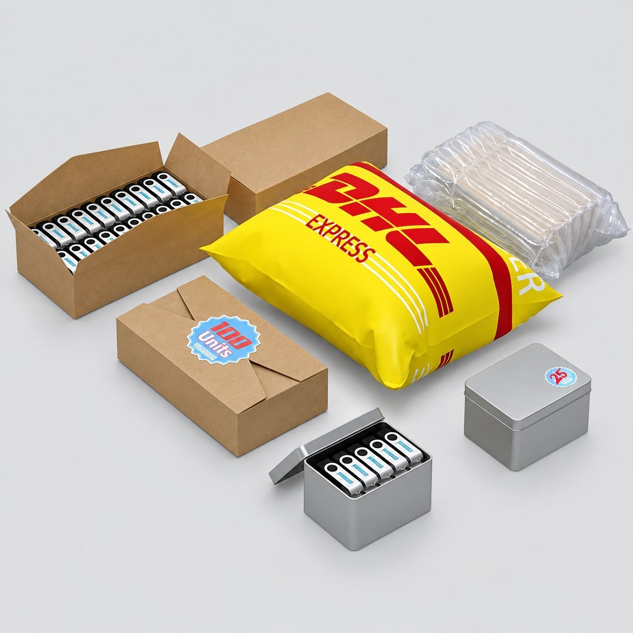 An assortment of bulk USB packaging - cardboard boxes, a yellow DHL Express shipping bag, a bubble-wrapped stack, and a small silver tin box with USB drives inside - showing the typical packaging tiers used to ship USB orders.