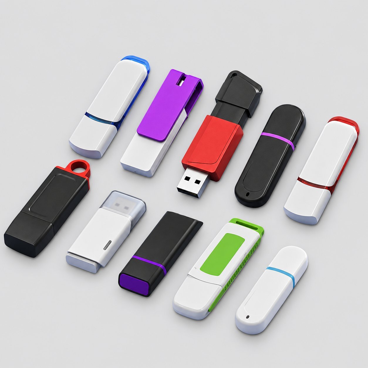 A lineup of plastic USB flash drives in assorted colored finishes - white, blue, red, black, purple and green - showing the standard plastic casing range used for low-cost bulk giveaway orders across common capacity tiers.