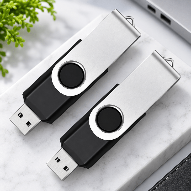 Two black and silver swivel USB flash drives beside a laptop